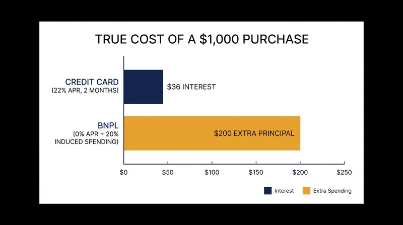 The behavioral premium of BNPL overspending often exceeds the cost of traditional credit card interest.