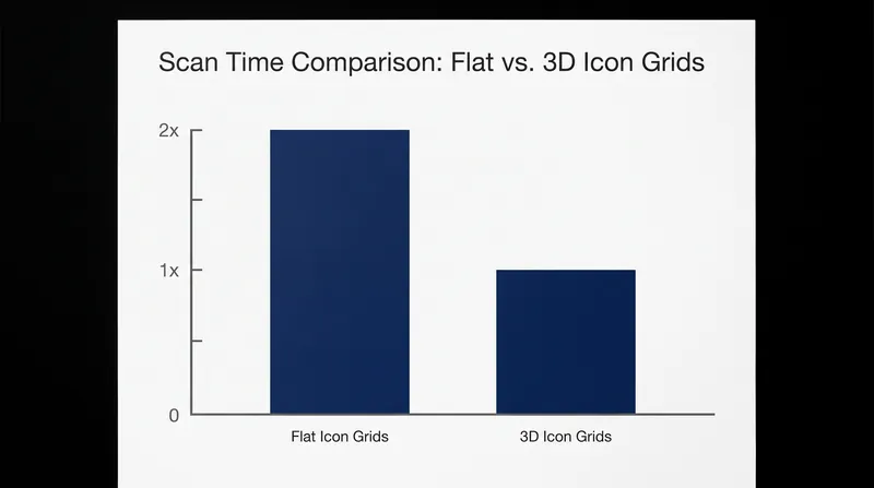 Users take twice as long to scan and identify flat, monochromatic icons compared to dimensional ones.