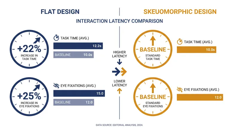 Eye-tracking studies reveal that flat interfaces require significantly more visual processing.