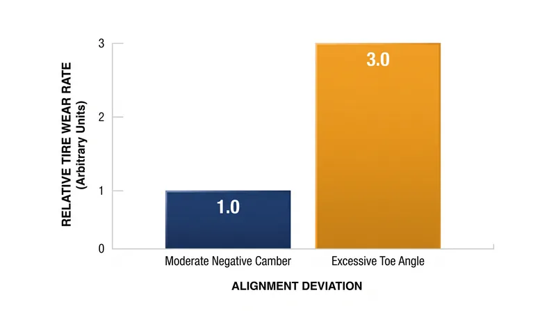 Data indicates that toe misalignment degrades tires up to three times faster than moderate negative camber.