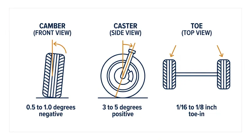 The three primary angles that dictate suspension geometry and tire wear.