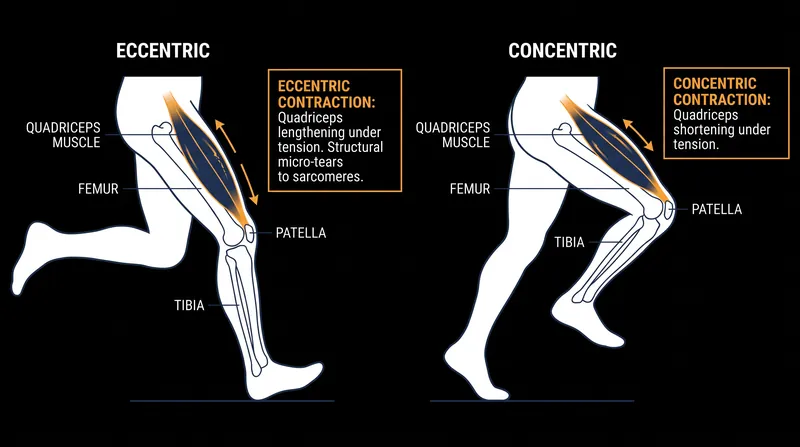 Downhill running forces the quadriceps to lengthen while under tension, causing microscopic structural damage to the muscle fibers.