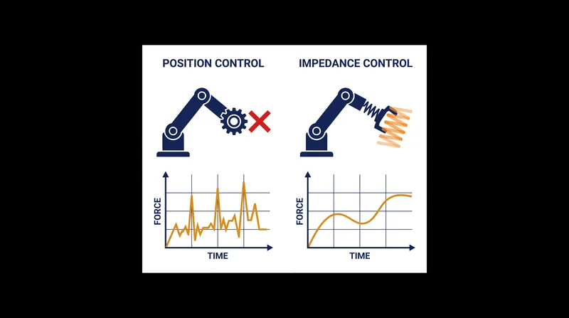 Position control forces a robot to its target regardless of obstacles, while impedance control allows it to yield like a spring.