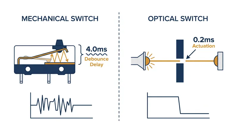 Because light does not bounce, optical switches bypass the mandatory firmware waiting period required by mechanical contacts.