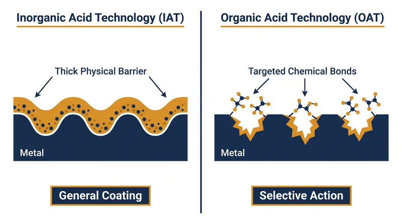 IAT formulas blanket the entire engine block in a protective coating, while OAT formulas bond only to active corrosion sites.