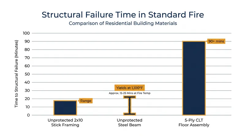 Because it insulates its own core, a 5-ply CLT assembly can maintain structural integrity significantly longer than unprotected steel or dimensional lumber.