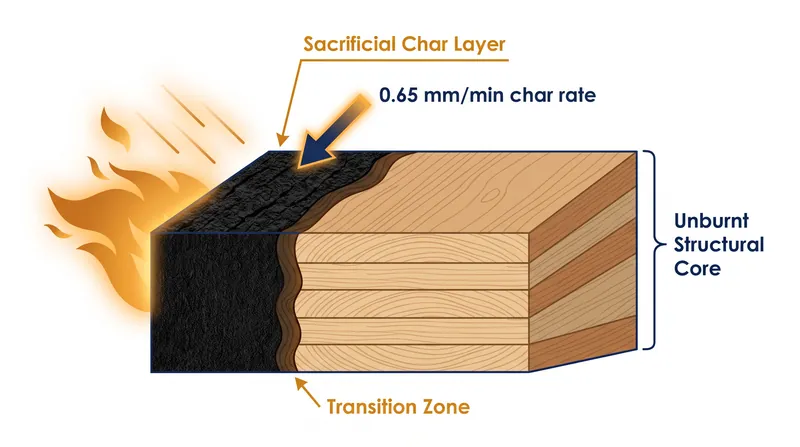 CLT panels survive fire by building an insulating layer of char at a predictable rate of 0.65 millimeters per minute.