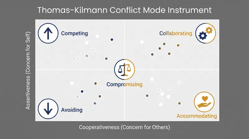 The Thomas-Kilmann matrix plots conflict resolution styles across two independent behavioral axes.