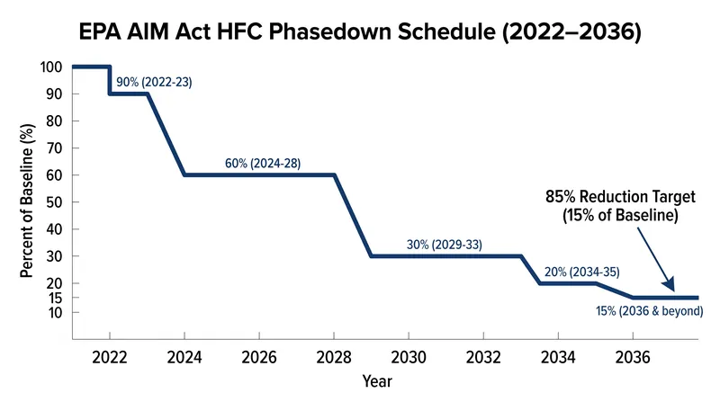 The AIM Act mandates a gradual 85% reduction in HFC production by 2036, forcing the industry to abandon high-GWP chemicals.