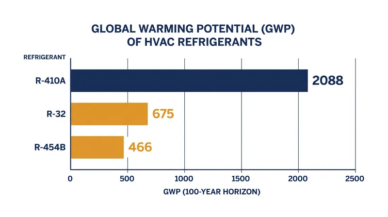 Both R-32 and R-454B fall below the EPA's 700-GWP threshold, drastically reducing their climate impact compared to legacy R-410A.
