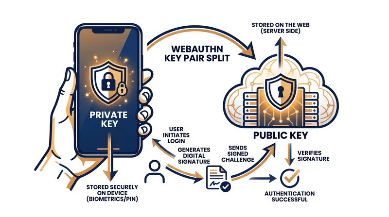 The WebAuthn standard splits credentials into a public key stored on the server and a private key locked on the device.