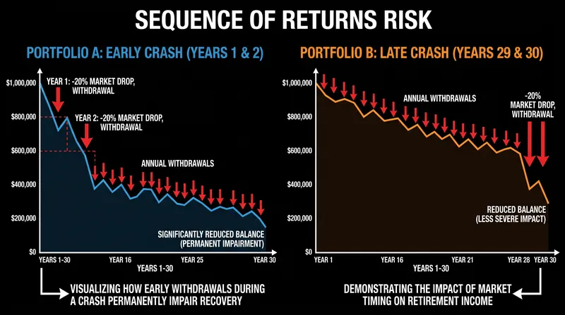 Sequence of returns risk: why a market crash early in retirement is far more dangerous than one later on.
