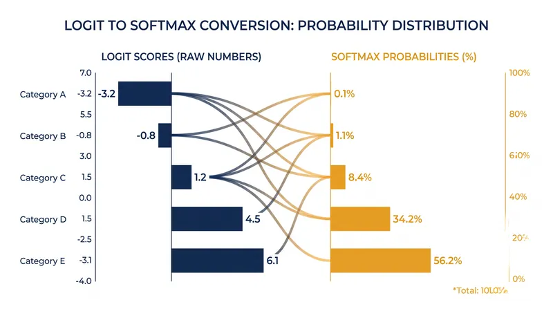 The softmax function converts raw neural network scores into a clean probability distribution.