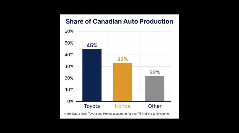 Toyota and Honda manufacture the vast majority of vehicles assembled in Canada.