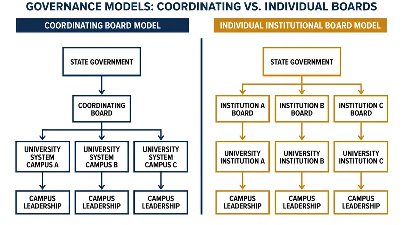 Coordinating boards act as a middle layer for planning, while individual boards offer maximum campus autonomy.