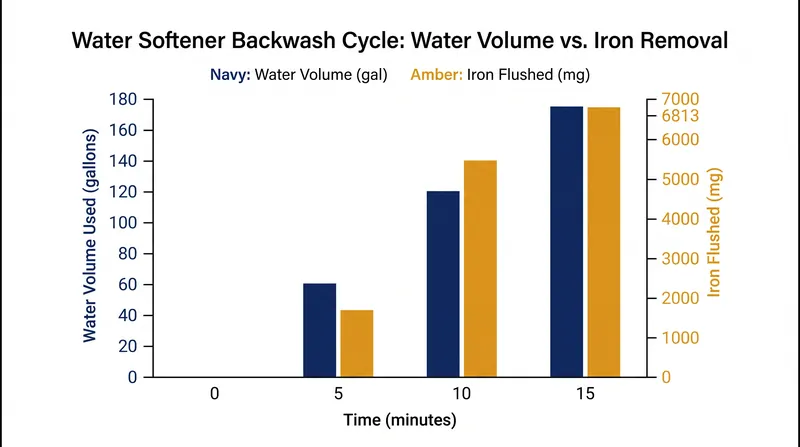 A 15-minute backwash cycle at 12 GPM per square foot uses roughly 180 gallons of water to flush accumulated iron and sediment from the resin bed.