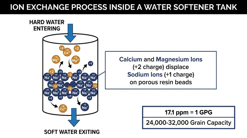 Ion exchange removes hardness by swapping calcium and magnesium for sodium on the surface of negatively charged resin beads.
