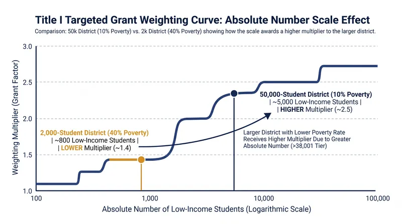How the absolute number scale generates higher weights for large, low-poverty districts.