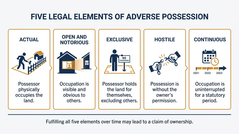 The five stringent legal requirements a claimant must meet to successfully take title of a property.