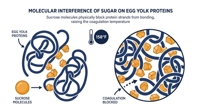 Sugar and dairy physically interfere with egg proteins, raising the temperature required for them to bond.