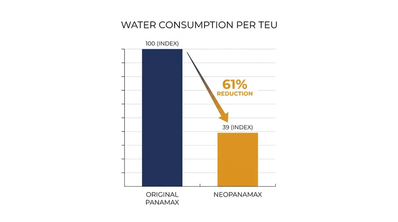 The Neopanamax locks reduce the freshwater cost per container by over 60%.