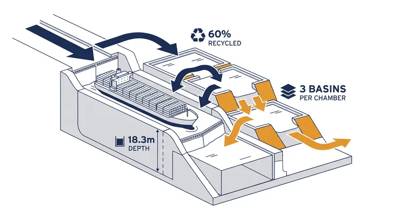 How gravity and lateral basins recycle water during a lockage.