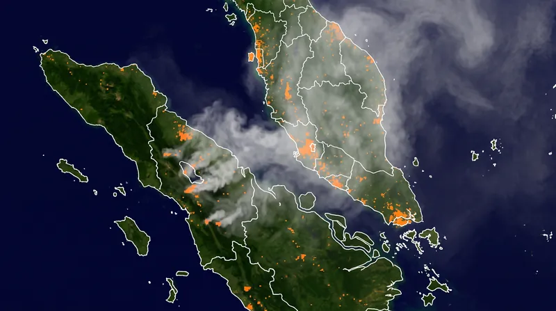 NASA satellite data shows transboundary smoke drifting from Indonesian hotspots over peninsular Malaysia.