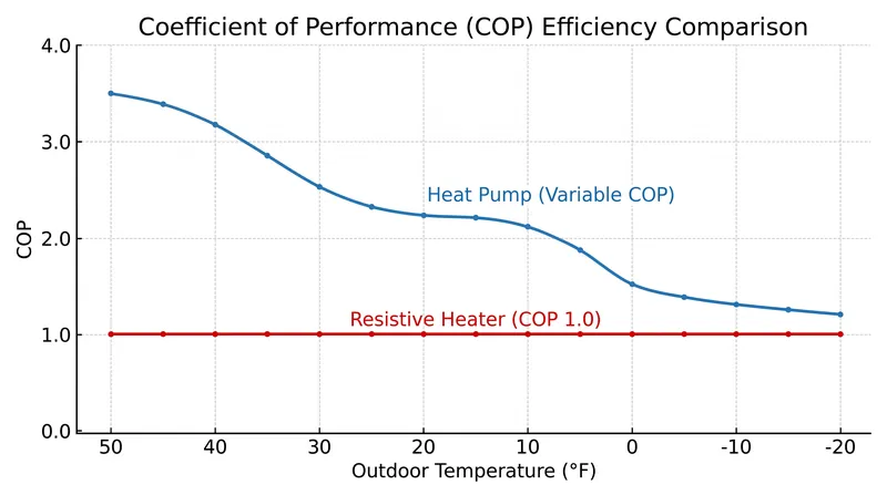 Heat pumps maintain a significant efficiency advantage over resistive heaters until ambient temperatures drop below -10°F.
