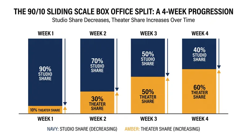 Under a traditional sliding scale, the theater's percentage of the ticket revenue increases as the weeks go by.