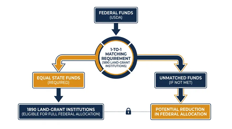The 1890 Land-Grant Act requires states to match federal agricultural research grants one-to-one.