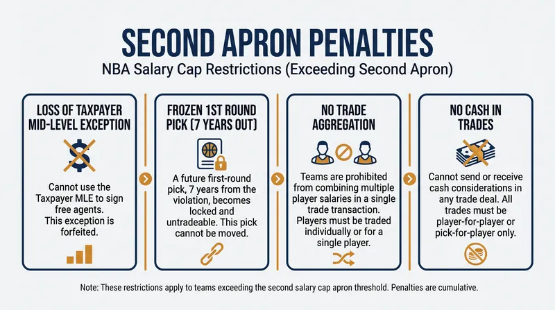 Crossing the second apron triggers immediate and severe restrictions on acquiring new talent.