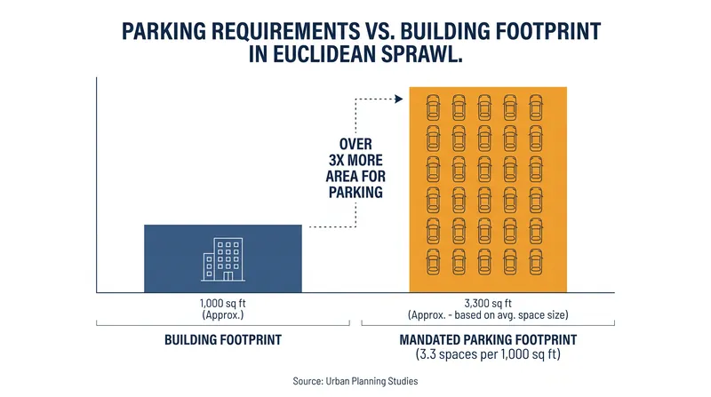 Minimum parking requirements force businesses to pave significantly more land than their buildings occupy.