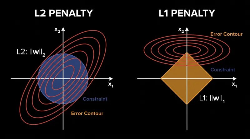 The sharp corners of the L1 penalty's diamond constraint force the optimal solution to intersect an axis, driving one coefficient to exactly zero.
