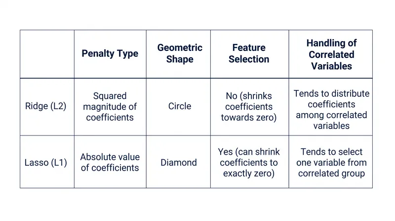 Key differences in how L1 and L2 penalties handle high-dimensional data.