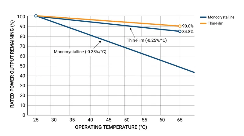 At 65°C, thin-film architectures retain a higher percentage of their rated output than crystalline silicon.