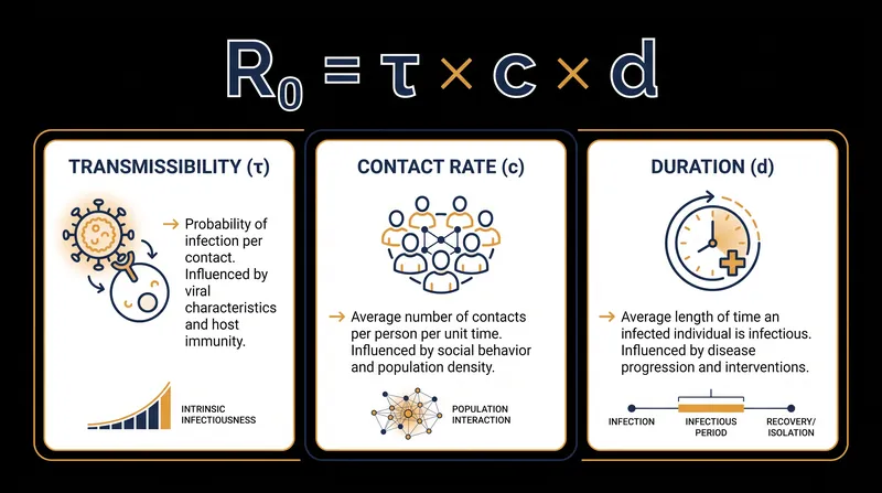 The basic reproduction number is calculated using three distinct variables: transmissibility, contact rate, and duration of infectiousness.