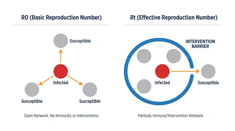 While R0 measures transmission in a completely susceptible population, Rt measures actual spread after interventions and immunity take effect.