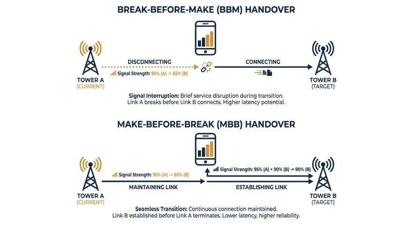 Make-before-break protocols require the device to maintain two simultaneous connections during the handover window.