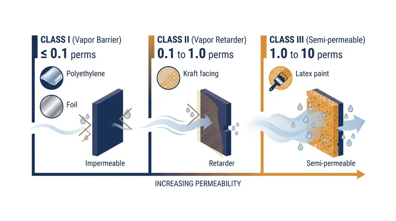 The International Residential Code classifies vapor control layers by their perm rating, measuring how much moisture can diffuse through the material.