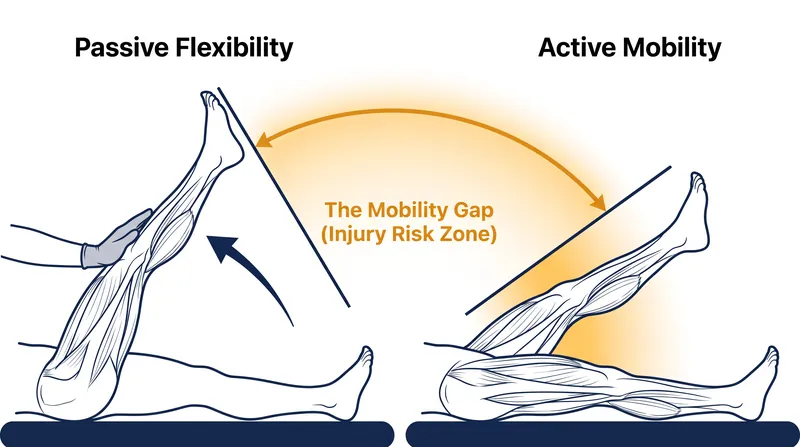 The mobility gap represents the range of motion a joint can passively reach but cannot actively control.