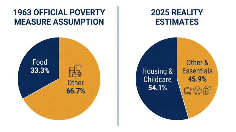 The 1963 formula assumed food was a family's primary expense, ignoring modern housing and childcare costs.
