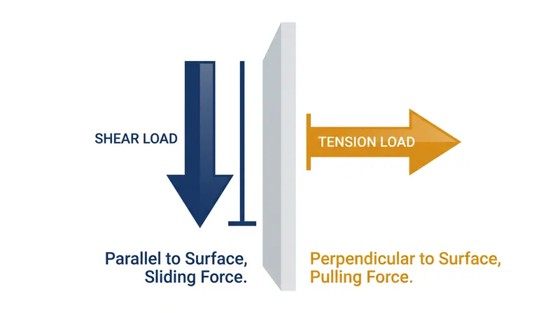 Shear forces pull straight down, while tensile forces pull straight out from the wall.