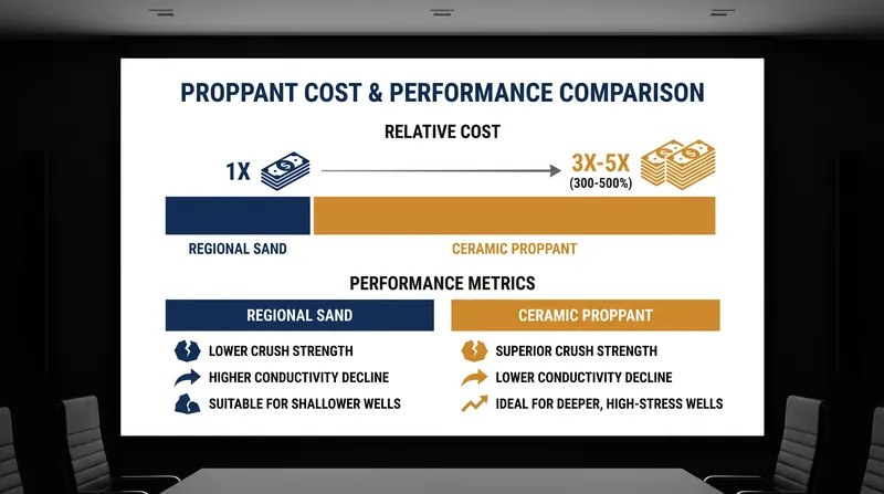 Ceramic proppants offer superior crush resistance but carry a massive cost premium over regional sand.
