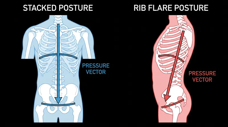 A flared ribcage misaligns the diaphragm and pelvic floor, directing pressure outward instead of stabilizing the spine.