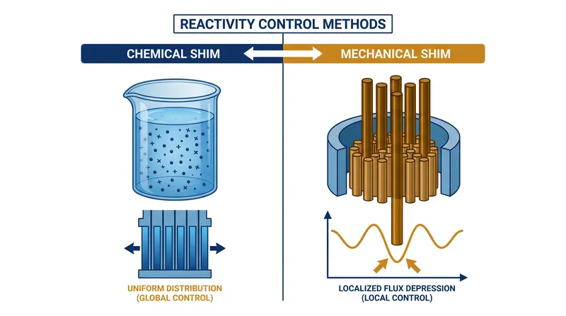 Chemical shims absorb neutrons evenly across the core, while mechanical control rods create localized pockets of suppressed reactivity.