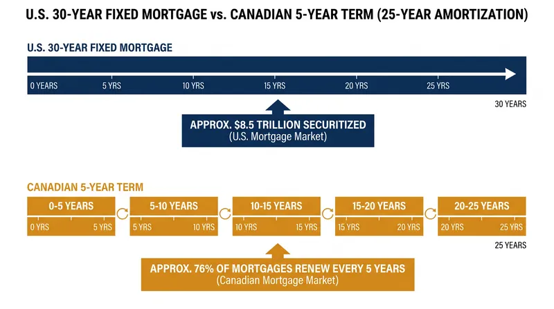 While U.S. borrowers lock in a rate for 30 years, Canadian borrowers must renew their rate every five years.