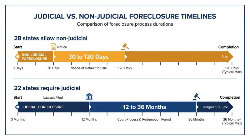 Non-judicial foreclosures bypass the court system, accelerating the process by an average of one to two years.