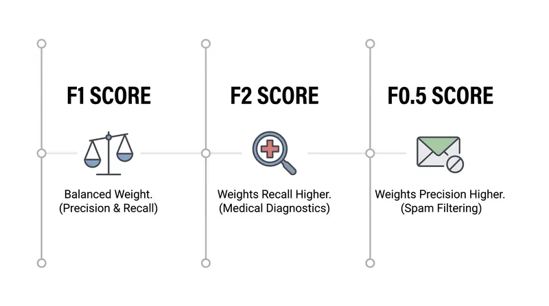 The generalized F-beta score allows developers to adjust the mathematical penalty based on the real-world cost of false positives versus false negatives.