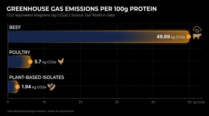 Greenhouse gas emissions required to produce 100 grams of protein across three major sources.