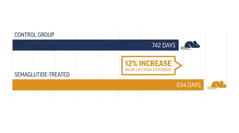 Female mice treated with semaglutide in late life lived a median of 834 days, compared to 742 days for the control group.